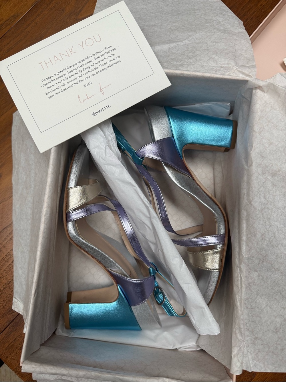 Metallic Blue & Silver Block Heel Sandals